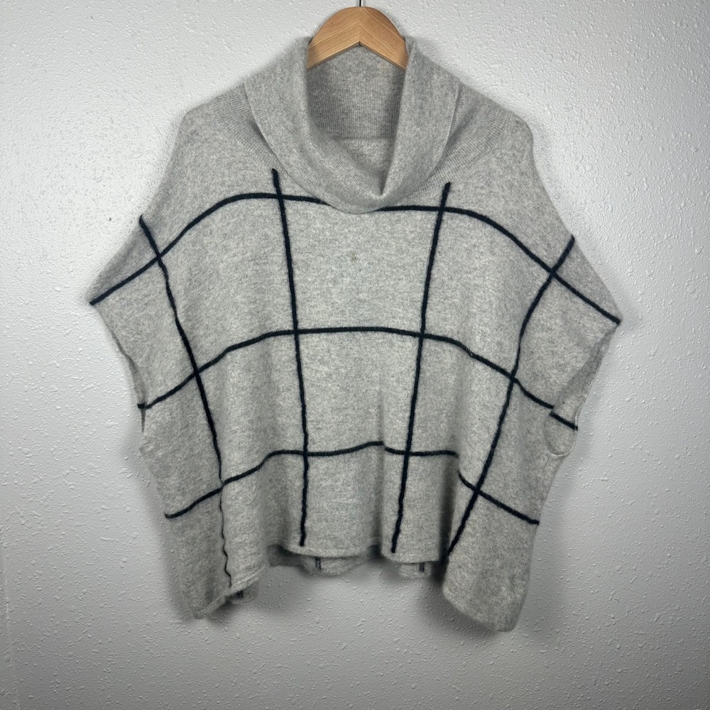 Charter Club 100% Cashmere L/XL Poncho Sweater Cowl Neck Grid Windowpane Preppy